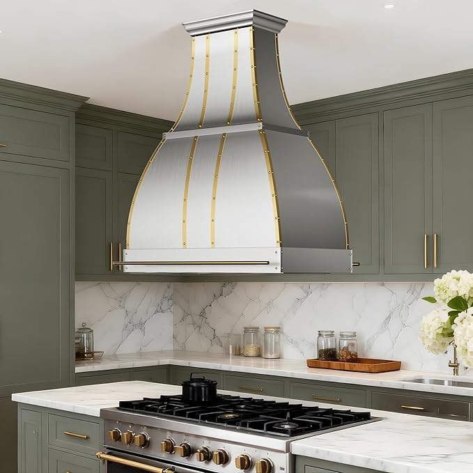 CHETTO C Stainless Steel Range Hood Cover with Quiet Vent Hood Insert Custom Handcrafted Metal Kitchen Fan with Towel Rack LED Light 54"W x27"D x21"H Brushed Stainless Steel Island Mount