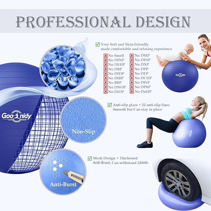 Soft Exercise ball, Anti-Burst Yoga Ball Chair Supports 2200lbs, Workout Equipment w/ Pump for Women Pregnancy, Medicine, Birthing, Physical Therapy, Stability, Excersing, Birth, Swiss, Fitness, Gym