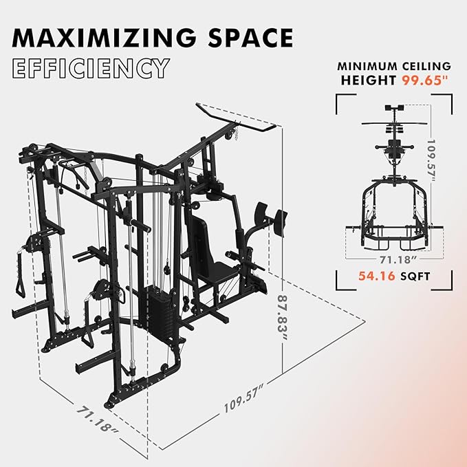 GMWD SmithΔ Machine Power Cage, Multi-Function Home Gym System with Cable Crossover System, Dual-Sided Workout Station with 121LBS Weight Stack, Power Rack, Functional Trainer, All in One Home Gym