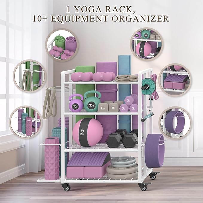 4-Tier Dumbbell Rack Stand Only, Adjustable Weight Rack for Dumbbells Kettlebells Yoga Mat, Home Gym Storage Rack with Wheels and Hooks, Powder Coated Finish