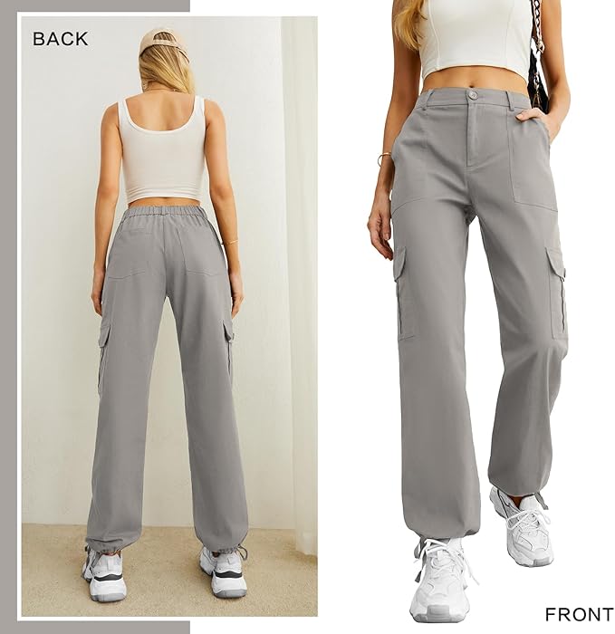 Lepunuo Women's High Waisted Cargo Pants Travel Y2K Streetwear Baggy Stretchy Pants with 6 Pockets Drawstring Ankle Cuffs