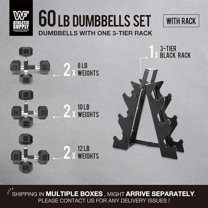 WF Athletic Supply Rubber Encased Hex Dumbbells with Rubber Grip Contoured Handle for Muscle Toning, Strength Building & Full Body Workout
