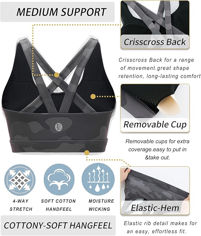 RUNNING GIRL Sports Bra for Women, Criss-Cross Back Padded Strappy Sports Bras Medium Support Yoga Bra with Removable Cups