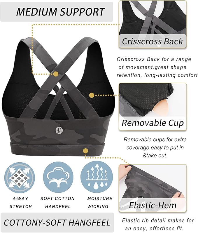 RUNNING GIRL Sports Bra for Women, Criss-Cross Back Padded Strappy Sports Bras Medium Support Yoga Bra with Removable Cups