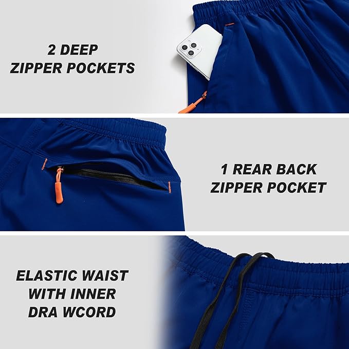 Men's Gym Shorts Sports Quick Dry Workout Running or Casual Training Short with Zipper Pockets