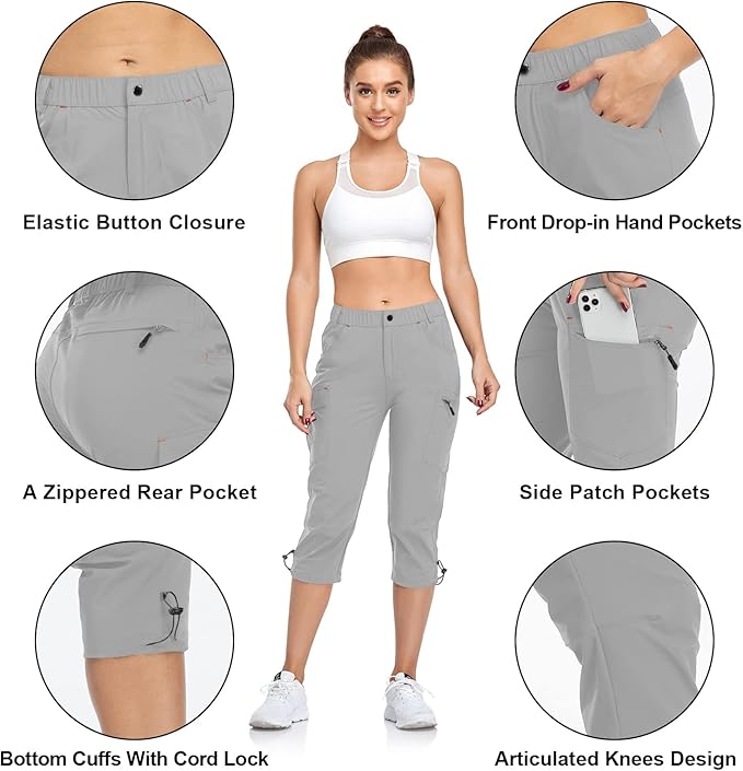 GymBrave Women's Hiking Cargo Pants Quick Dry Outdoor Camping Capris Water Resistant UPF 50 with Zipper Pockets