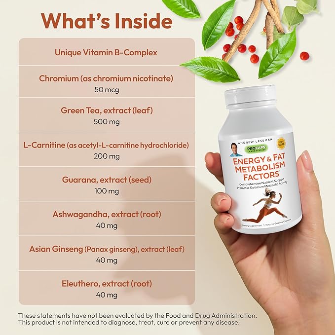 ANDREW LESSMAN Energy and Fat Metabolism Factors - 60 Capsules - Promotes Optimum Fat and Energy Metabolism, with Carnitine, Green Tea, Guarana, Ginseng, B-Complex. Easy to Swallow Capsules