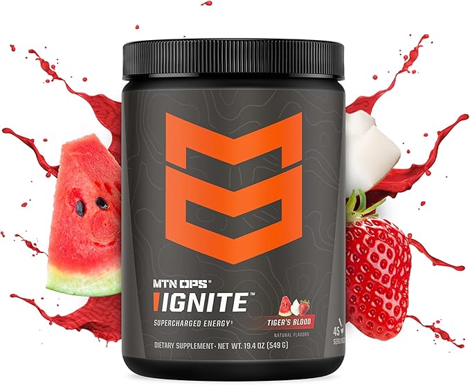 MTN OPS Ignite Energy Drink Powder, Gluten Free Nootropic Supplement Drink Mix, L Arginine, L Citrulline, Caffeine & Nootropic Sugar Free Drink Mix, 45 Servings, Tiger's Blood
