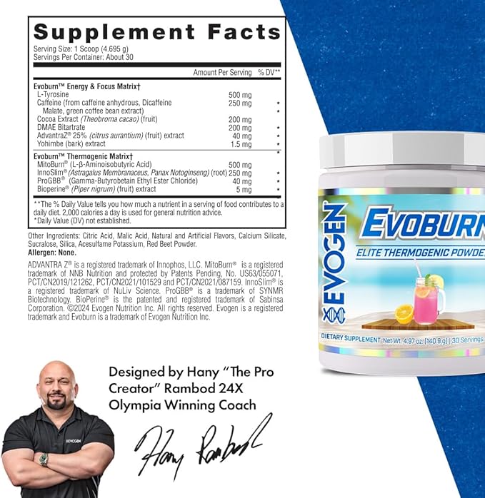 Evogen Evoburn - Thermogenic Fat Burner for Men & Women | Energy, Focus & Appetite Control | Advanced Metabolism Booster Fat Burner Formula with MitoBurn & Caffeine | Strawberry Lemonade | 30 Servings