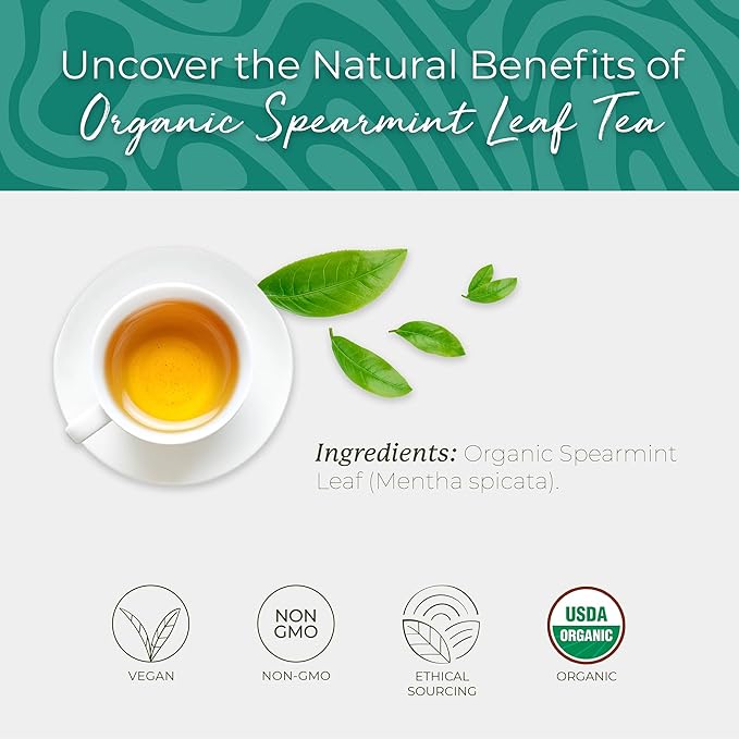 Starwest Botanicals Organic Spearmint Leaf Tea - Caffeine Free Herbal Tea, Promotes Calm, USDA Organic Spearmint Leaf, String Free Sachets, Non GMO - Bulk Pack, 100 Tea Bags