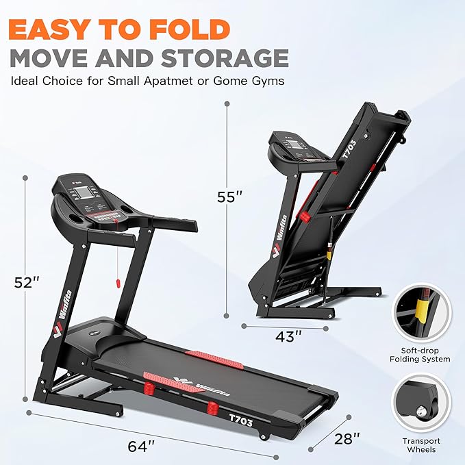 Treadmill with Incline, 300 LBS Capacity, 8 MPH or 10 MPH Speed, Bluetooth, App, Pause Function, Folding Treadmills for Home with 64 Programs, 17'' or 18'' Wide Belt, Heart Rate, BMI Detector