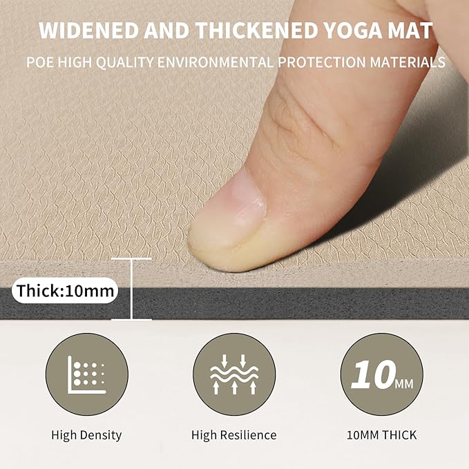 10mm Large Yoga Mat (6'x 4') - Extra Long and Wide 72 x 48 x 0.4 inches, Non-Slip POE Fitness Mat, Eco-Friendly, Thick Wide Exercise Mat for Home Workouts,Ideal for Yoga and Pilates.