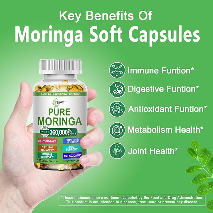 Moringa Softgels, Organic Pure Moringa Oleifera Leaves Extract for Energy, Skin, Gut Health, Immune, Natural Antioxidant, High Potency Moringa Oil Than Moringa Powder, Non-GMO, 60 Serving