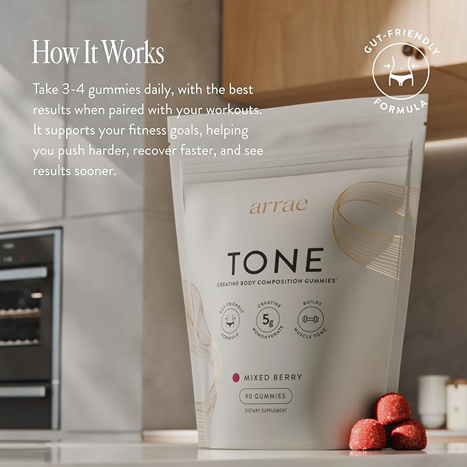 Arrae Tone Gummies – Creatine Monohydrate 5g for Women – Support Lean Muscle, Strength & Recovery – Hormone-Friendly Muscle Toning Supplement – Mixed Berry Flavor – 90 Count
