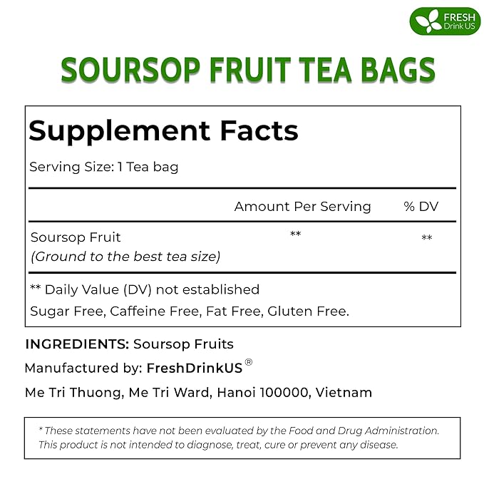 FreshDrinkUS, 40 Premium Soursop Graviola Fruit Tea Bags, 100% Natural and Pure from Soursop Fruits, Made With Natural Materials-Corn Fiber Tea Bag, Sugar/Caffeine/Gluten Free, Hoja Guanabana Tea