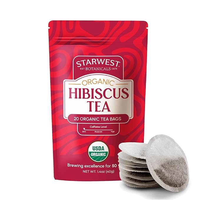 Starwest Botanicals Organic Hibiscus Tea - Caffeine Free Herbal Tea, Tea with Antioxidant Properties, String Free Sachets, USDA Organic Hibiscus Flower, Non GMO - 20 Tea Bags