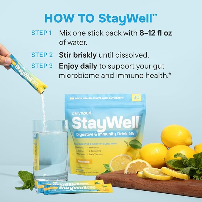 Nouri Daily StayWell Digestive & Immunity Drink Mix | Supports Gut Health, Digestion, Immunity & Energy | Probiotics, Prebiotics, Colostrum & Daily Vitamins | 30 Stick Packs