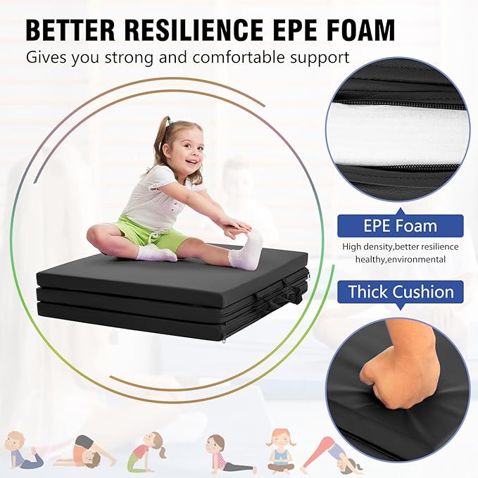 Gymnastics Tumbling Mats Portable Gymnastics Mat Foldable Tumbling Mat 2'x6'/4'x8' PU Leather Exercise Mat Yoga Mat with Carrying Handles for home Workout outdoor Yoga Gymnastics