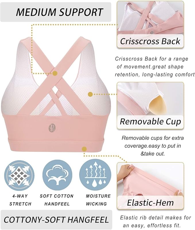 RUNNING GIRL Sports Bra for Women, Criss-Cross Back Padded Strappy Sports Bras Medium Support Yoga Bra with Removable Cups