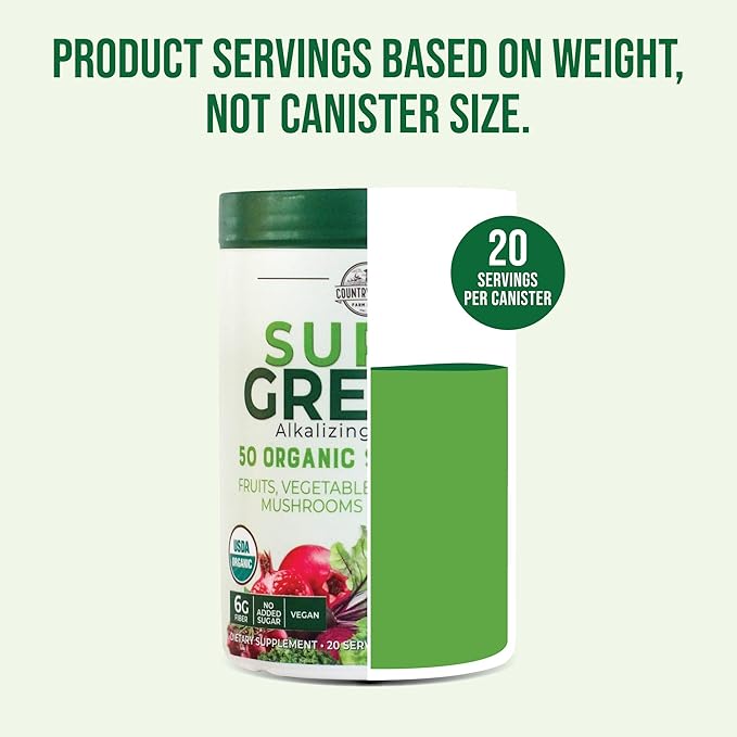 Country Farms Super Greens Natural Flavor, 50 Organic Super Foods, USDA Organic Drink Mix, Fruits, Vegetables, Super Greens, Mushrooms & Probiotics, Supports Energy, 40 Servings, 10.6 Oz, 2 Pack