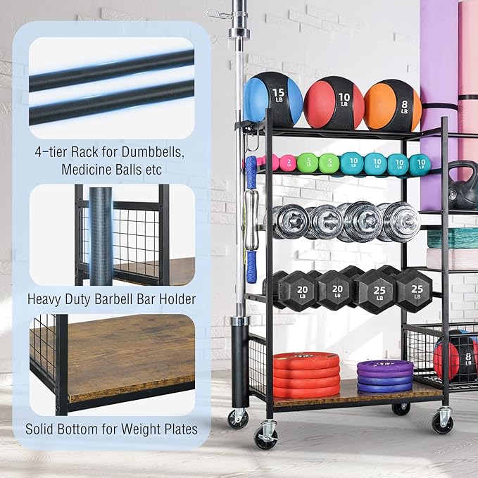 PLKOW Dumbbell Rack, Weight Rack for Dumbbells, Home Gym Storage for Dumbbells Kettlebells Yoga Mat and Balls, All in One Workout Storage with Wheels and Hooks, Powder Coated Finish Steel