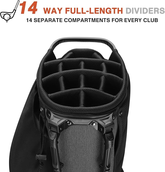 Golf Stand Bag 14 Way Top Dividers Full-Length with Stand, 7 Pockets, Lightweight Golf Bag for Men, Dual Strap, Rain Hood, Portable Golf Club Bag for Men Women