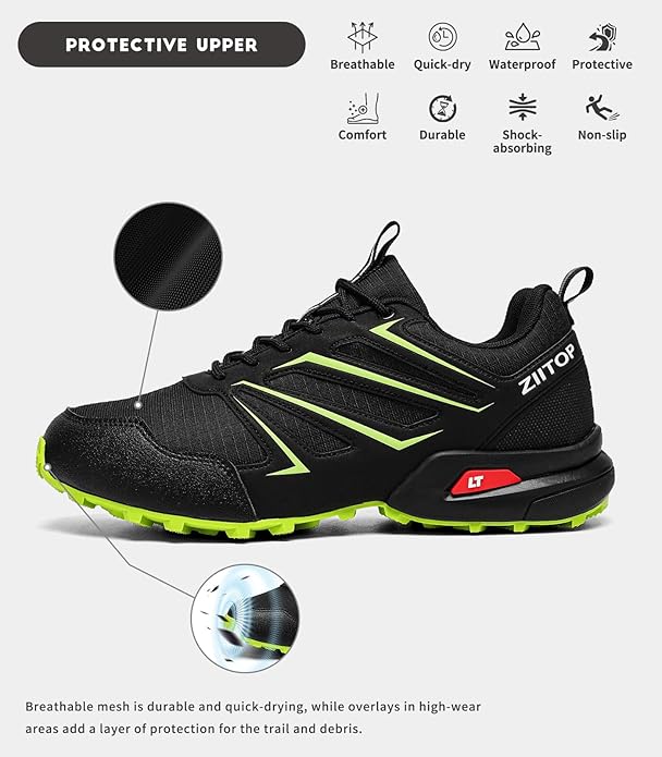 Mens Trail Running Shoes Waterproof Non-Slip Hiking Walking Sneakers for Outdoor Trailing Trekking Camping Quest Black
