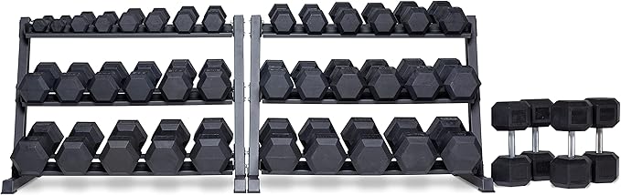 REP Fitness Rubber Hex Dumbbell Set, Adjustable Weight Pairs, Home Gym Equipment, Strength Training For Men Women, Black Coated Grips, Workout Rack Storage Optional, Heavy Lb Free Weights