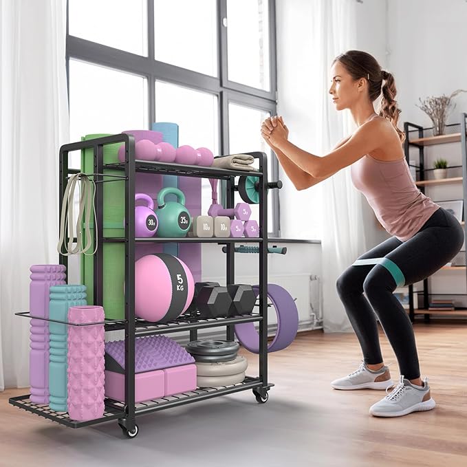 4-Tier Dumbbell Rack Stand Only, Adjustable Weight Rack for Dumbbells Kettlebells Yoga Mat, Home Gym Storage Rack with Wheels and Hooks, Powder Coated Finish