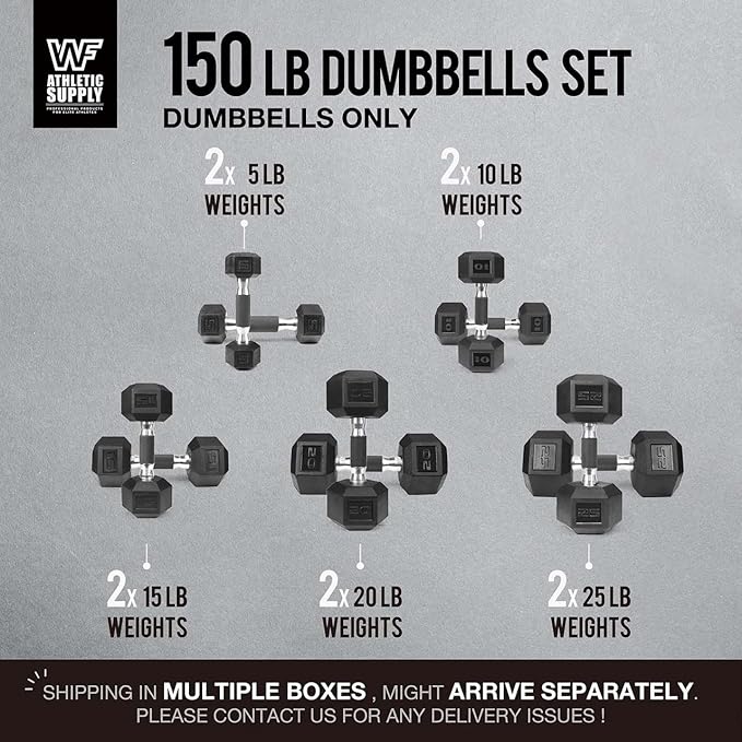 WF Athletic Supply Rubber Encased Hex Dumbbells with Rubber Grip Contoured Handle for Muscle Toning, Strength Building & Full Body Workout