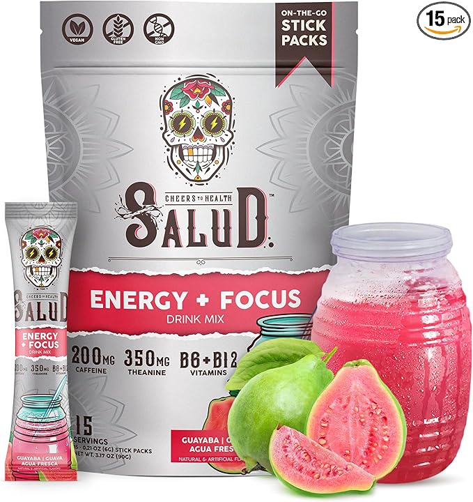 Salud 2-in-1 Energy Drink Powder + Focus, Guava, Organic Caffeine, B6 + B12, Theanine, Clean Energy Drink Packets, Guayaba Agua Fresca Mix, Non-GMO, Gluten Free, Vegan, 1g of Sugar, (15 Servings)