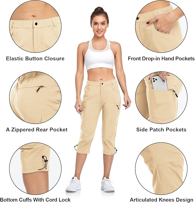 GymBrave Women's Hiking Cargo Pants Quick Dry Outdoor Camping Capris Water Resistant UPF 50 with Zipper Pockets