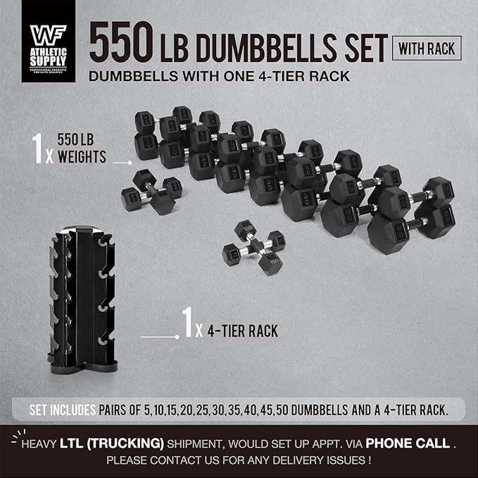 WF Athletic Supply Rubber Encased Hex Dumbbells with Rubber Grip Contoured Handle for Muscle Toning, Strength Building & Full Body Workout