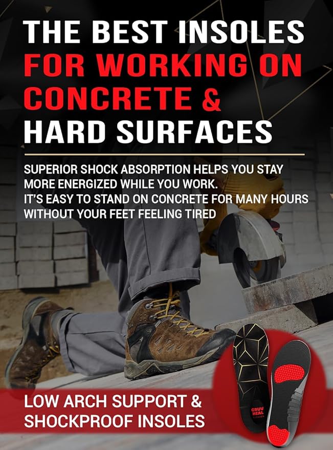Work Pro Comfort Insoles - Shock Absorption - Low Arch - Cushioning Anti Fatigue Shoe Insert Men Women - Non-Slip - Soft Comfortable Work Boot Insoles - Foot Pain Relief (M, Black)