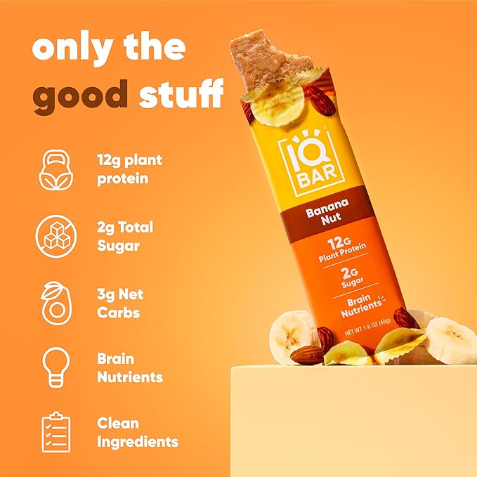 IQBAR Brain and Body Plant Protein Bars - Banana Nut - 12-Count Low Carb - Gluten Free, High Fiber, Vegan Snacks - Low Sugar Meal Replacement