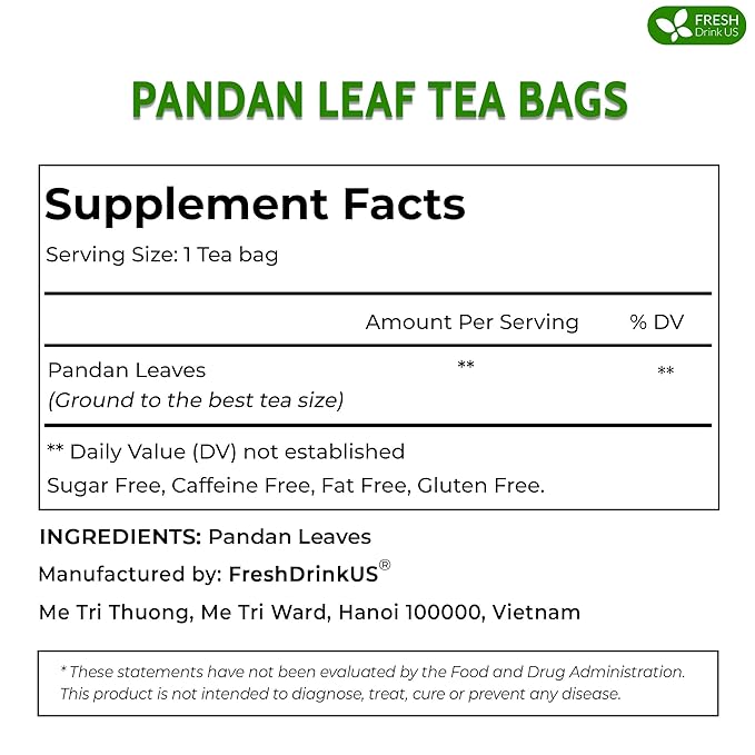 FreshDrinkUS, Premium 55 Pandan Leaf Tea Bags, 100% Natural & Pure from Pandan Leaves. Loose Leaf Pandan Herbal Tea. Made with Natural Material Tea Bags. No Sugar, No Caffeine, No Gluten, Vegan.
