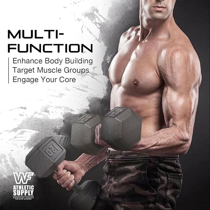WF Athletic Supply Cast Iron Solid Hexagon Gray/Black Dumbbells, Strength Training Free Weights Set of 2 for Women and Men, Hand Weights Sold by Pairs, Multi-Select Size Options Available