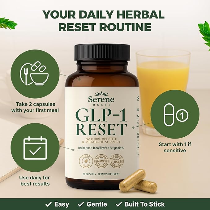 GLP-1 Supplement for Women & Men - Hunger & Metabolism Support with Berberine, InnoSlim, Actiponin - Natural GLP1 Booster to Support Appetite, Digestion & Gut Health - Vegan - 60 Capsules