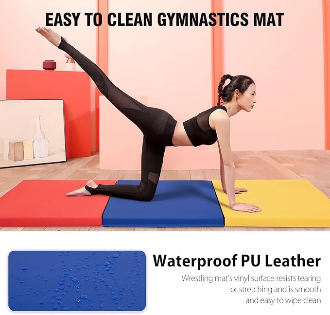 Gymnastics Tumbling Mats Portable Gymnastics Mat Foldable Tumbling Mat 2'x6'/4'x8' PU Leather Exercise Mat Yoga Mat with Carrying Handles for home Workout outdoor Yoga Gymnastics