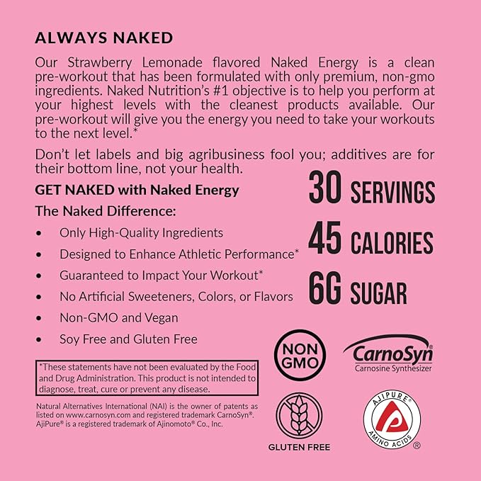 NAKED Strawberry Lemonade Energy - Clean Pre Workout Supplement for Men and Women, Vegan Friendly, No Added Sweeteners, Colors Or Flavors - 30 Servings