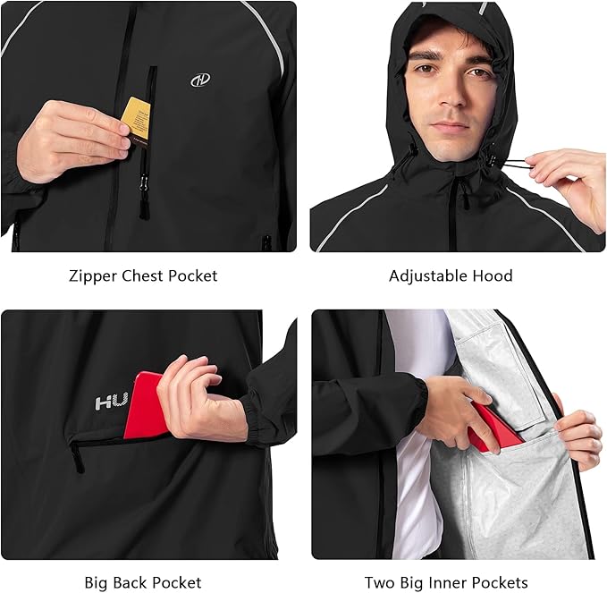 Men's Cycling Running Rain Jacket Lightweight Waterproof Biking Hiking Windbreaker Raincoat Reflective Packable