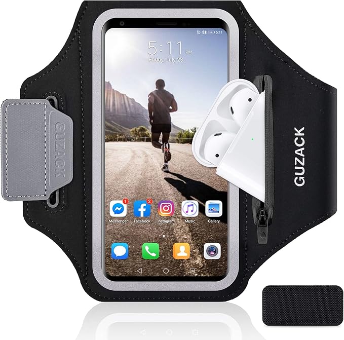 GUZACK Phone Holder for Running with Zipper Pouch, Running Armband for iPhone 16 Pro/15/14/13/12/11 Pro Max/Plus/XR/XS, Galaxy S25/S24/S23/S22, Cell Phone Arm Holder with Key Pocket & Card Slot
