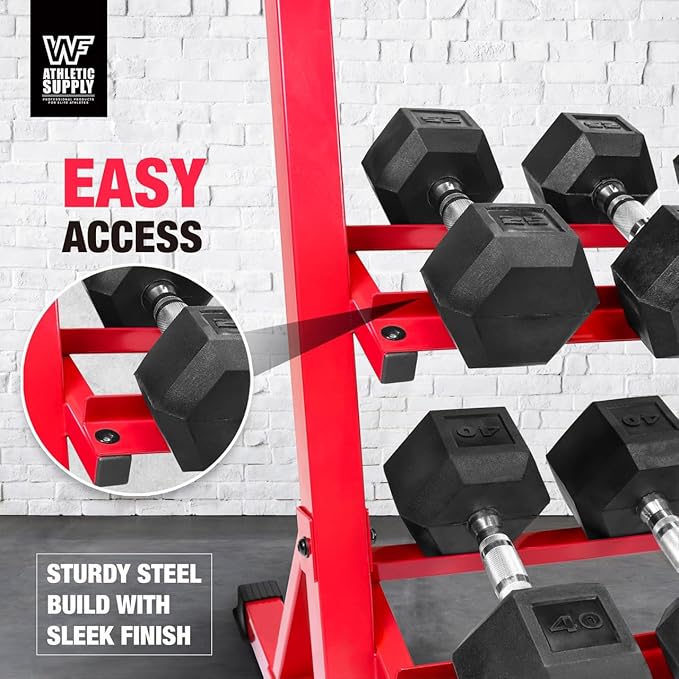 WF Athletic Supply Heavy-Duty Dumbbell Rack Stand, Weight Rack for Home Gym, Weight Holder, Available Sizes for Storage 5-50LB or 5-75LB Dumbbell Pairs, Black/Red/Green/Blue, RACK ONLY