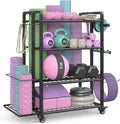 4-Tier Dumbbell Rack Stand Only, Adjustable Weight Rack for Dumbbells Kettlebells Yoga Mat, Home Gym Storage Rack with Wheels and Hooks, Powder Coated Finish