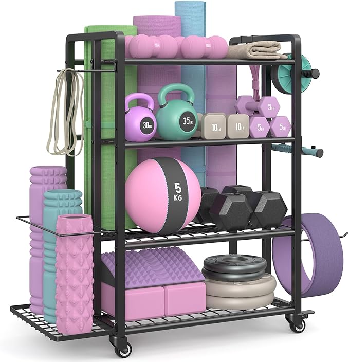 4-Tier Dumbbell Rack Stand Only, Adjustable Weight Rack for Dumbbells Kettlebells Yoga Mat, Home Gym Storage Rack with Wheels and Hooks, Powder Coated Finish