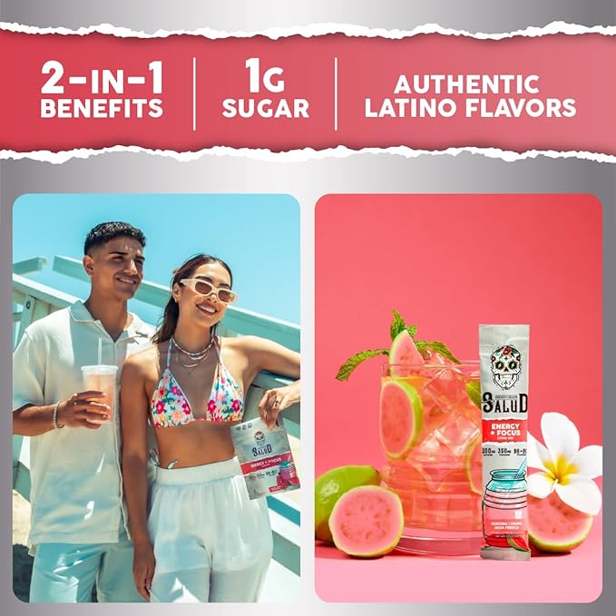 Salud 2-in-1 Energy Drink Powder + Focus, Guava, Organic Caffeine, B6 + B12, Theanine, Clean Energy Drink Packets, Guayaba Agua Fresca Mix, Non-GMO, Gluten Free, Vegan, 1g of Sugar, (15 Servings)
