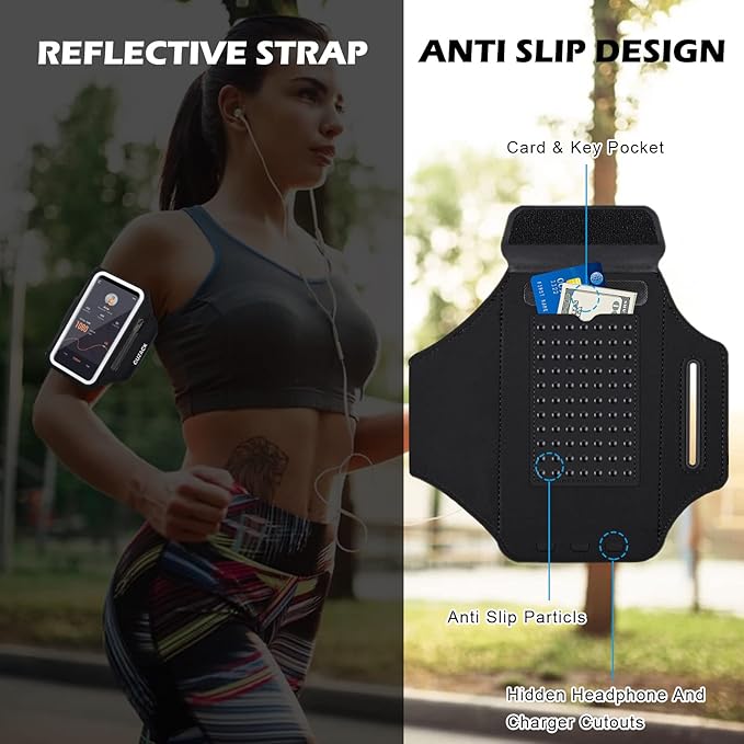 GUZACK Phone Holder for Running with Zipper Pouch, Running Armband for iPhone 16 Pro/15/14/13/12/11 Pro Max/Plus/XR/XS, Galaxy S25/S24/S23/S22, Cell Phone Arm Holder with Key Pocket & Card Slot