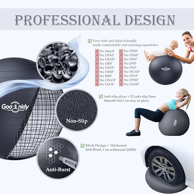 Soft Exercise ball, Anti-Burst Yoga Ball Chair Supports 2200lbs, Workout Equipment w/ Pump for Women Pregnancy, Medicine, Birthing, Physical Therapy, Stability, Excersing, Birth, Swiss, Fitness, Gym