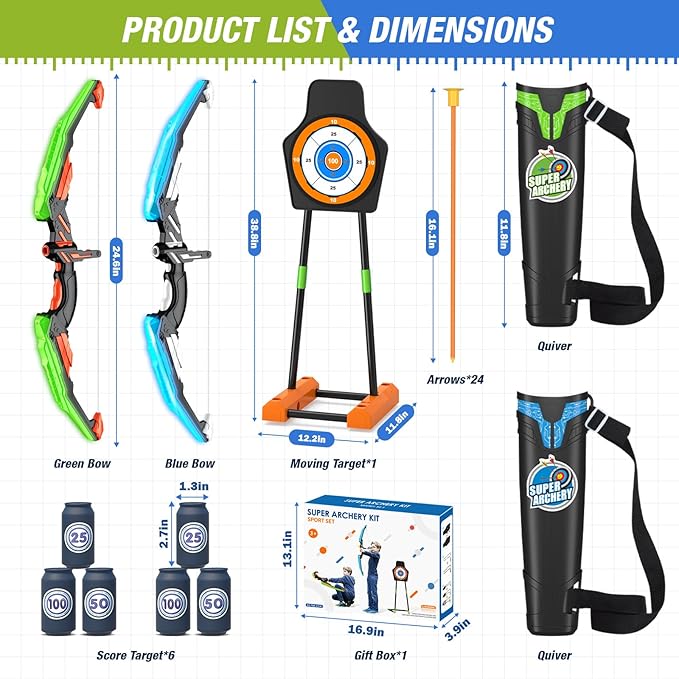 2 Pack Bow and Arrow with Moving Target for Kids, LED Light Up Archery Set with 24 Suction Cup Arrows, 6 Score Targets & 2 Quiver, Indoor Outdoor Sport Gifts for Boys Girls Ages 4-12