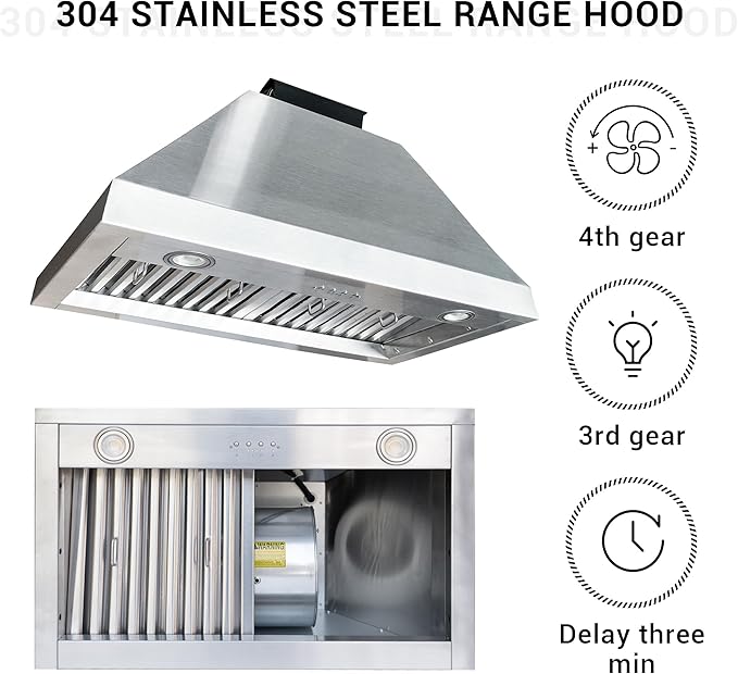 CHETTO C Stainless Steel Range Hood Cover with 4-Speed Vent Hood Insert Custom Handmade Metal Kitchen Fan with Towel Rack LED Light 30"W x27"D x42"H Black Island Mount